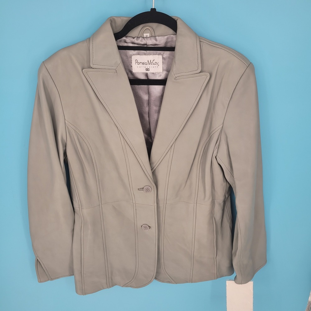 NWT Pamela McCoy Leather Blazer Jacket Womens Size M Gray Genuine Leather vtg